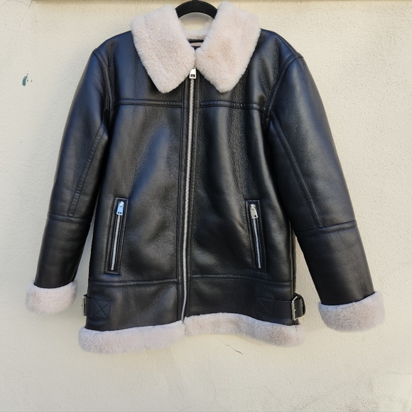 ZARA Faux Leather Shearling Lined Moto Jacket - Picture 3 of 11